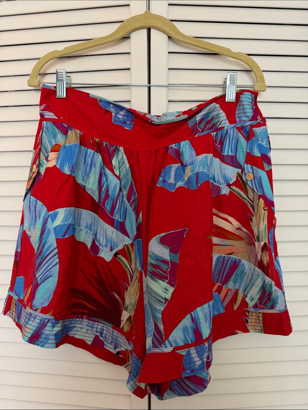 FARM Rio Red Tropical-Leaf Bermuda Shorts with Blue Accents